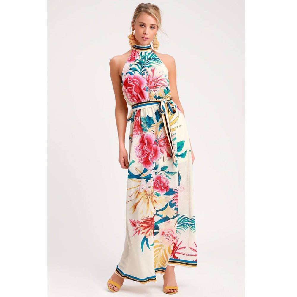 LULU'S Tropic of Conversation Cream Tropical Print Halter Maxi Dress | Size S